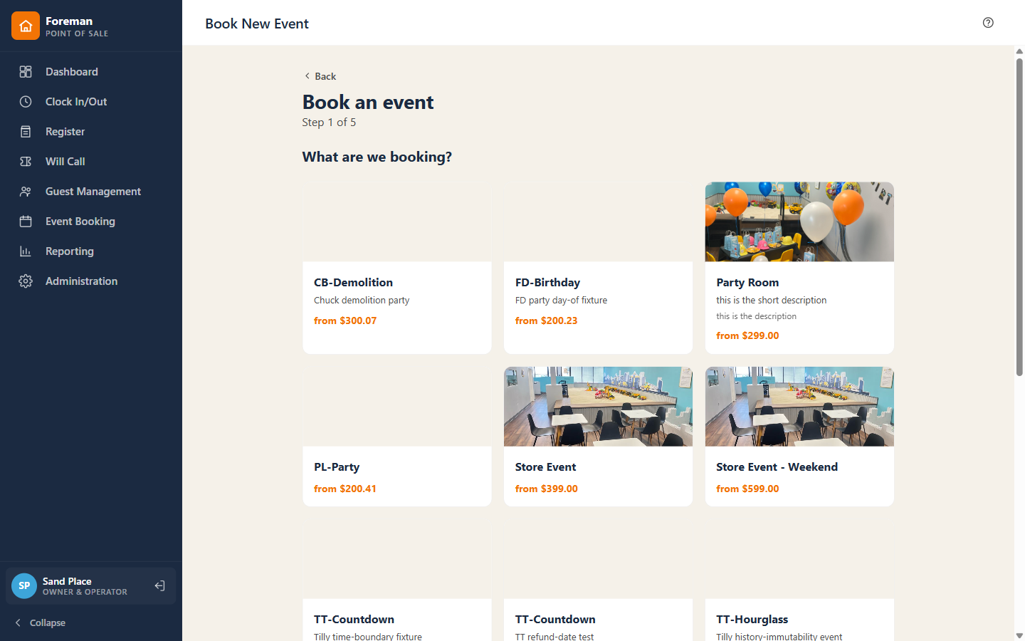 The Omni-Play party booking wizard creating a new event