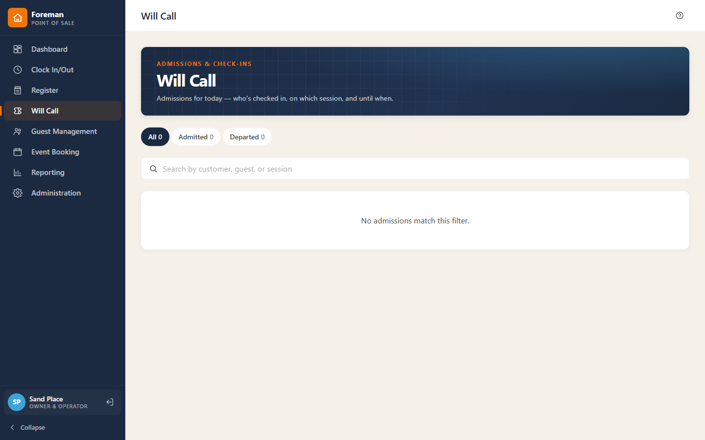 The day-of will-call and check-in screen in Omni-Play